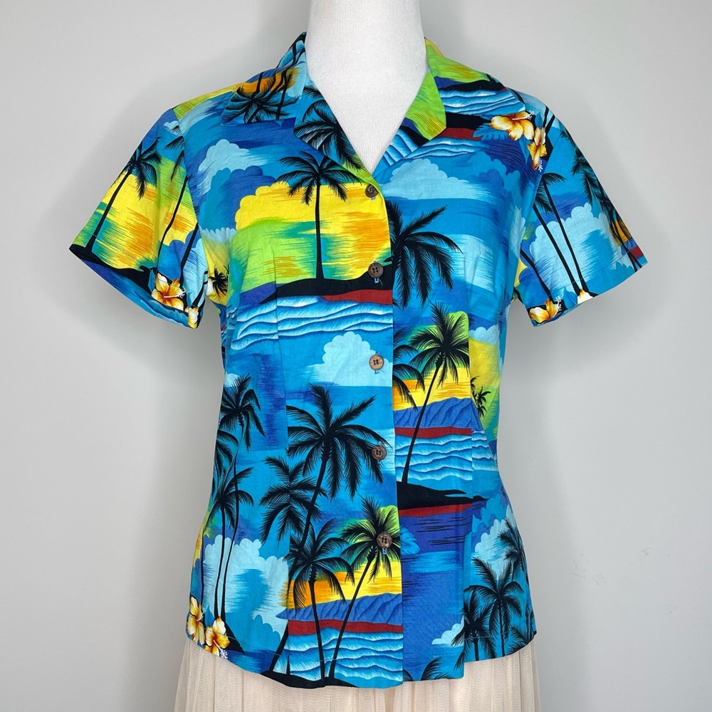 Vintage 90s Aloha Republic Made in Hawaii Dagger Collar Hibiscus Island Blouse